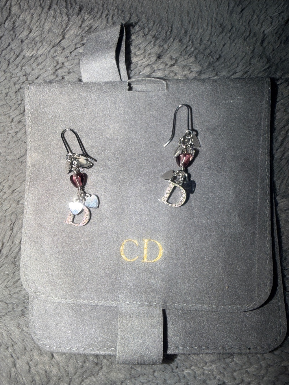 Preloved Dior Silver Drop Earrings with Pink Heart and 'D' Charms